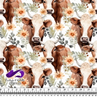 Brown and white cows with flowers
