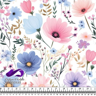 Pastel floral pattern with pink blue and purple flowers and green leaves