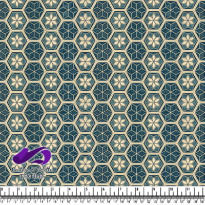 Hexagonal geometric floral pattern in teal and cream colors