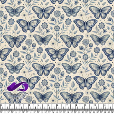 Vintage blue butterflies and floral pattern on cream background
