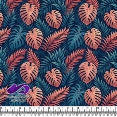 Tropical coral and teal palm leaves pattern on dark background