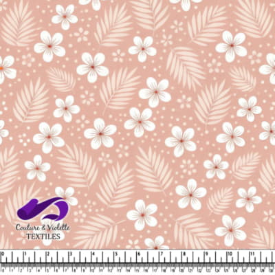 Soft pink tropical floral pattern with white flowers and palm leaves