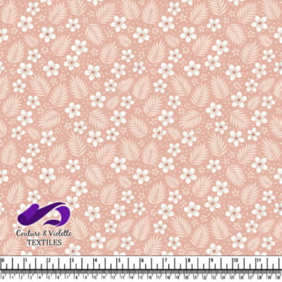 Soft pink tropical floral pattern with white flowers and palm leaves