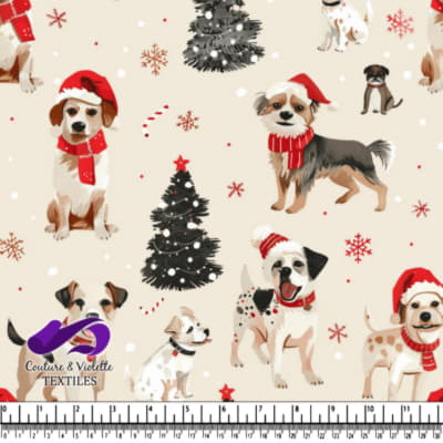 Christmas dogs with Santa hats and scarves around decorated trees