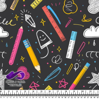 Colorful school supplies doodle pattern on dark background