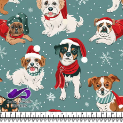 Festive dogs wearing winter hats and scarves on a blue background