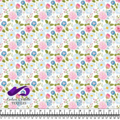 Pink roses blue daisies and green leaves