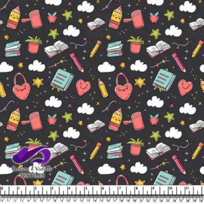 Colorful school supplies smiling stars and clouds