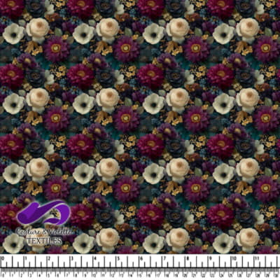 Floral pattern with deep purple and ivory flowers