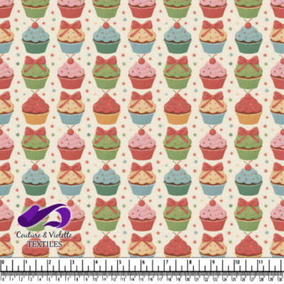 Colorful vintage cupcake pattern with bows cherries and stars