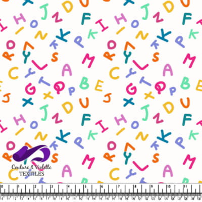 Colorful scattered alphabet letters pattern on white background