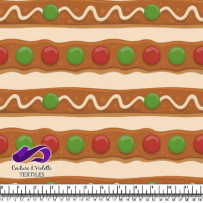 Gingerbread cookie pattern with red and green candy decorations