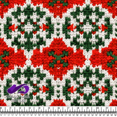 Red green and white knitted snowflake pattern textile