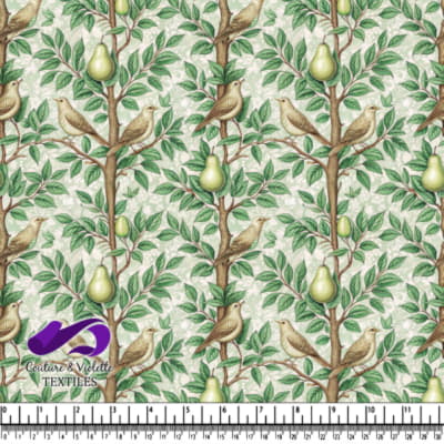Birds perched on pear tree branches with green leaves vintage textile pattern
