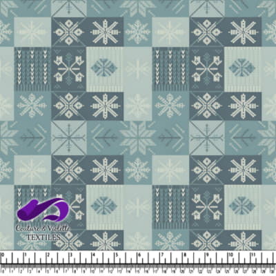 Blue and gray patchwork pattern with snowflakes