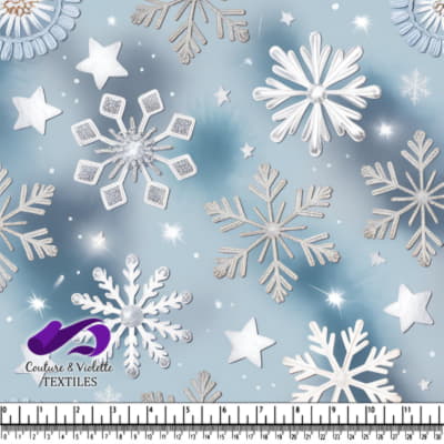 Silver and white snowflakes on a soft blue winter background