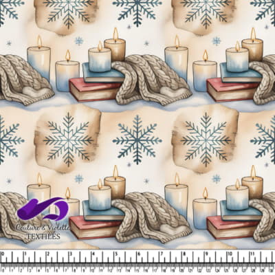 Winter cozy scene with candles books knitted gloves and vintage snowflake