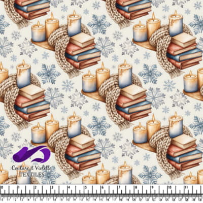 Cozy winter scene with stacked books knitted scarf candles and snowflakes