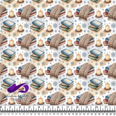 Cozy winter pattern with books candles knit blanket