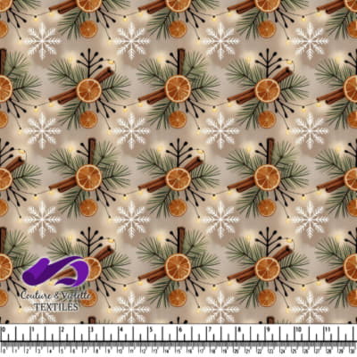 Festive holiday pattern with dried orange slices cinnamon sticks pine branches