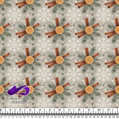 Winter holiday pattern with cinnamon sticks dried orange slices pine branches and snowflakes