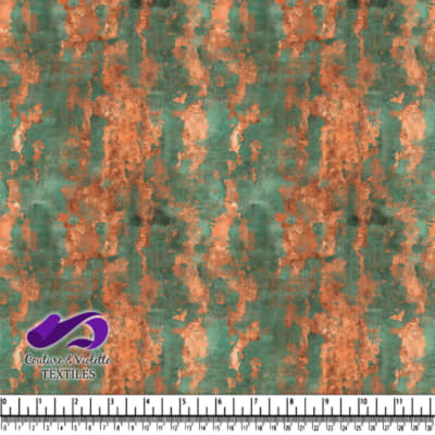 Rust patina textured fabric design with green and orange tones