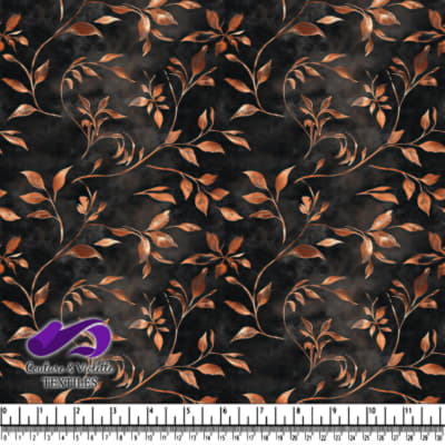 Copper colored leaves and vines on a dark textured background