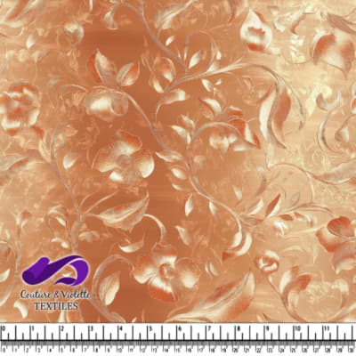 Copper floral jacquard fabric with raised texture and intricate leaf patterns