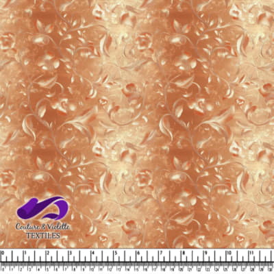 Copper floral jacquard fabric with raised texture and intricate leaf patterns