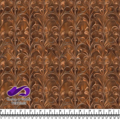 Brown floral abstract pattern fabric with flowing lines and swirls design