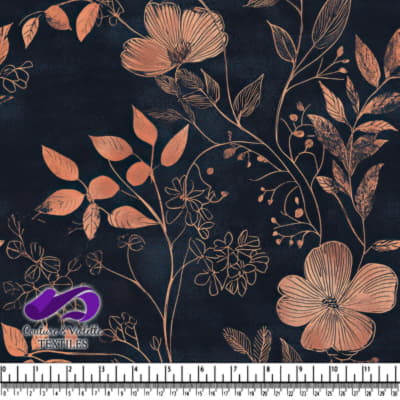 Delicate copper floral and leaf pattern on dark navy blue background textile design