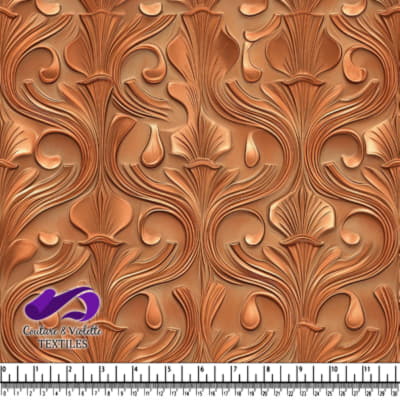 Ornate embossed floral pattern in copper tones with swirling leaves and petals