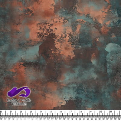 Abstract textured fabric design with rusty orange and teal blue tones