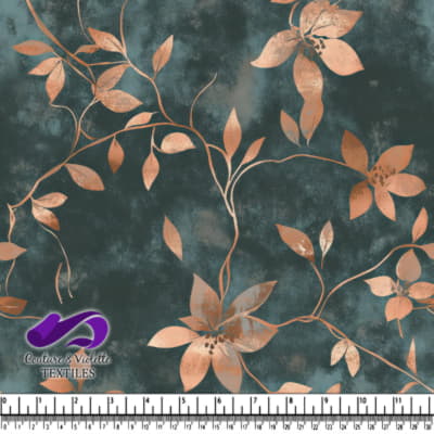 Copper floral pattern on dark teal textured background textile design