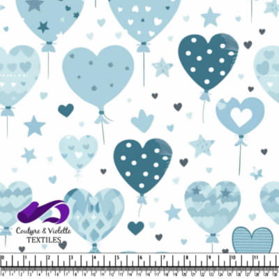 Blue heart shaped balloons and stars seamless pattern on white background