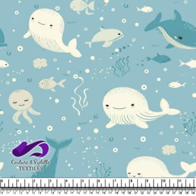 Cute smiling whales and fish underwater pattern with blue background