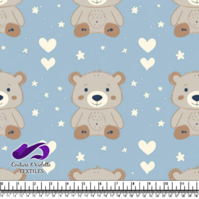Teddy bear pattern with hearts and stars on blue background