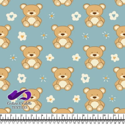 Cute teddy bears and small flowers on blue background