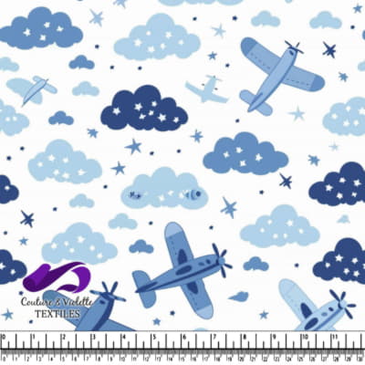 Blue airplanes flying among clouds and stars