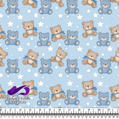 Cute teddy bears and stars on light blue background