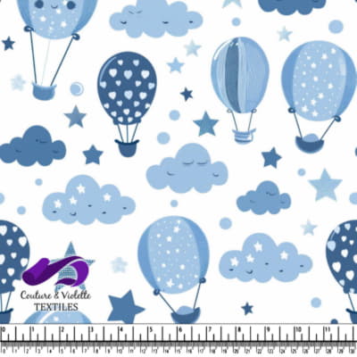 Blue hot air balloons clouds and stars