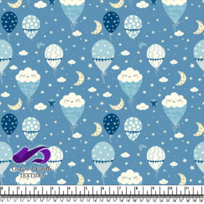 Whimsical night sky with stars moons clouds and patterned hot air balloons on blue background