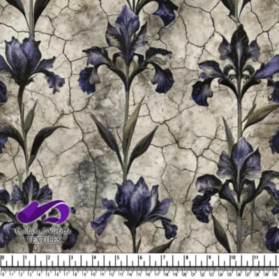 Purple iris flowers on cracked earth textured background fabric pattern
