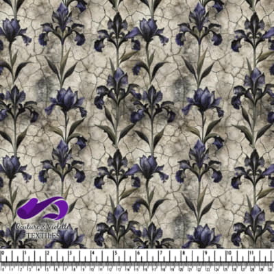 Purple iris flowers on cracked earth textured background fabric pattern