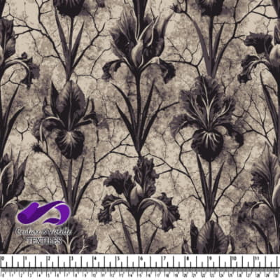 Vintage black and gray iris flower pattern on a cracked texture background