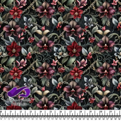 Orchid flowers and gold chains on dark floral background