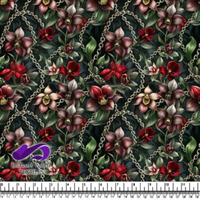 Dark floral pattern with red and pink flowers intertwined with gold chains