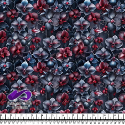 Dark floral pattern with red and blue orchids