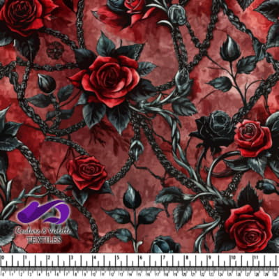 Dark red floral fabric pattern with roses and vines
