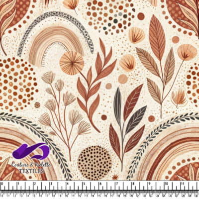 Earth tone botanical and abstract pattern with leaves rainbows and dots